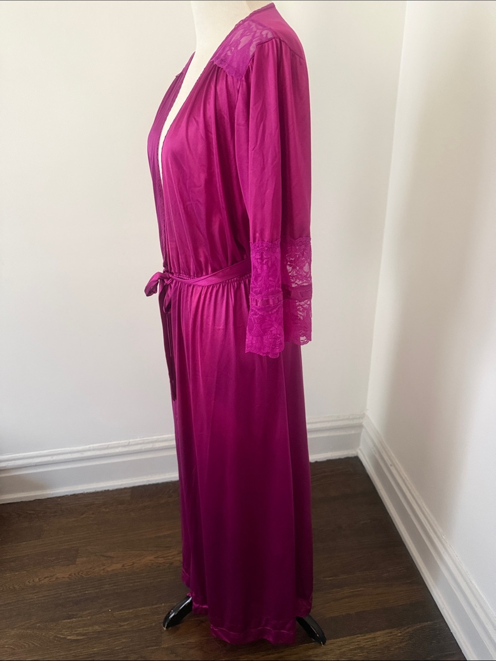 Vintage Texsheen Lingerie Silky Fuchsia Lace-Trim Long Robe S - Picture 4 of 8